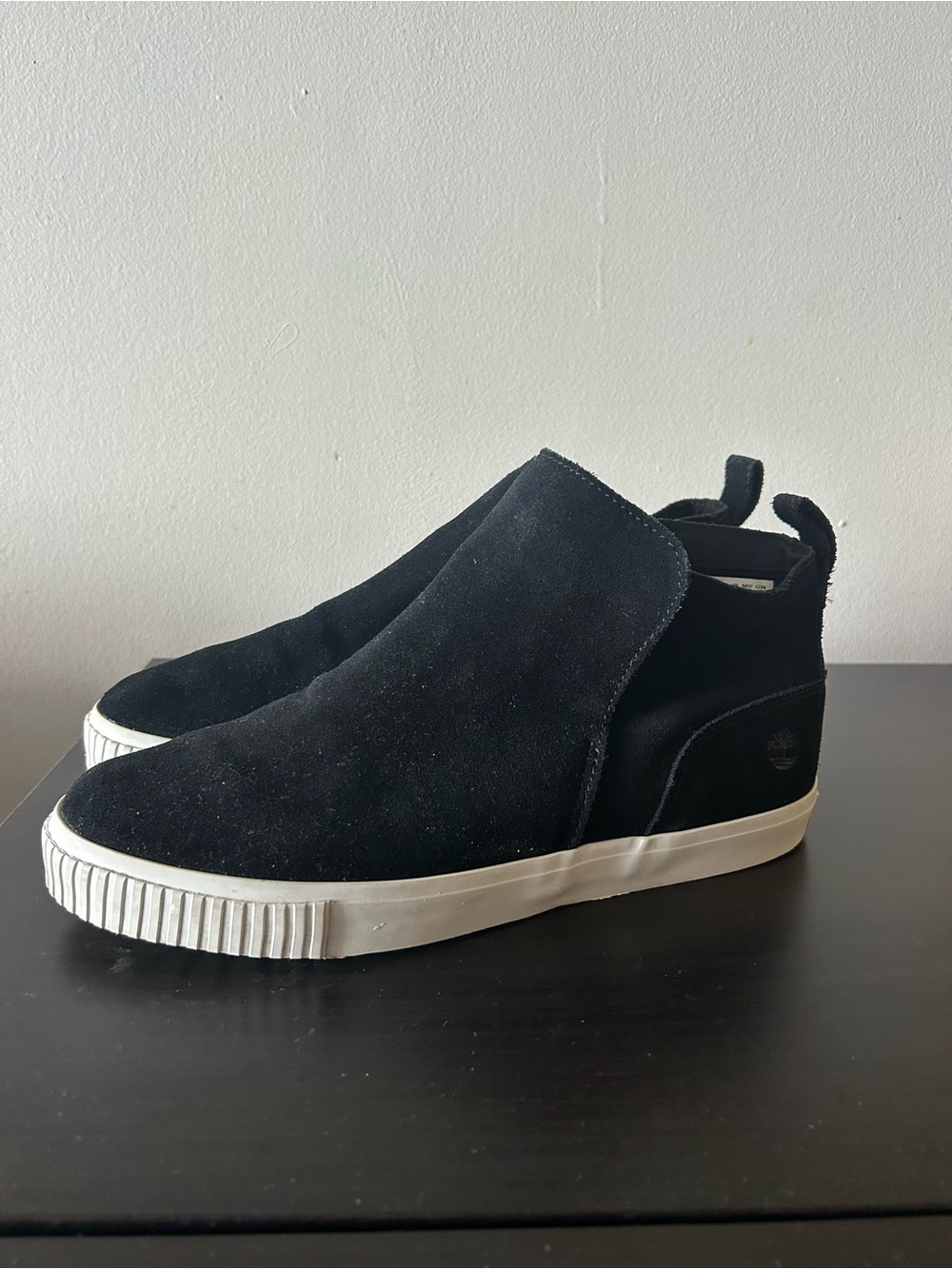 Timberland Black Suede Slip-On Ankle Booties with White Sole